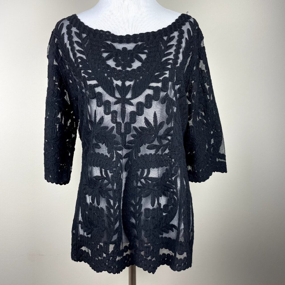 Laundry by Shelli Segal Blouse‎ Large Black Lace Brocade Over Mesh Scalloped Hem